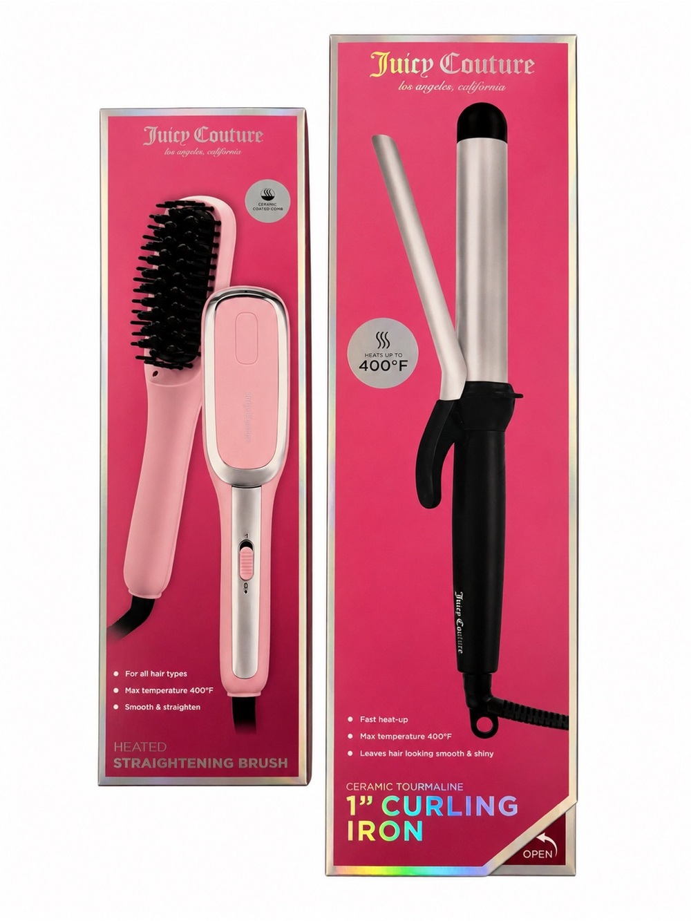 Juicy Couture Pink Heated Hair Straightening Brush With Curling Iron Set